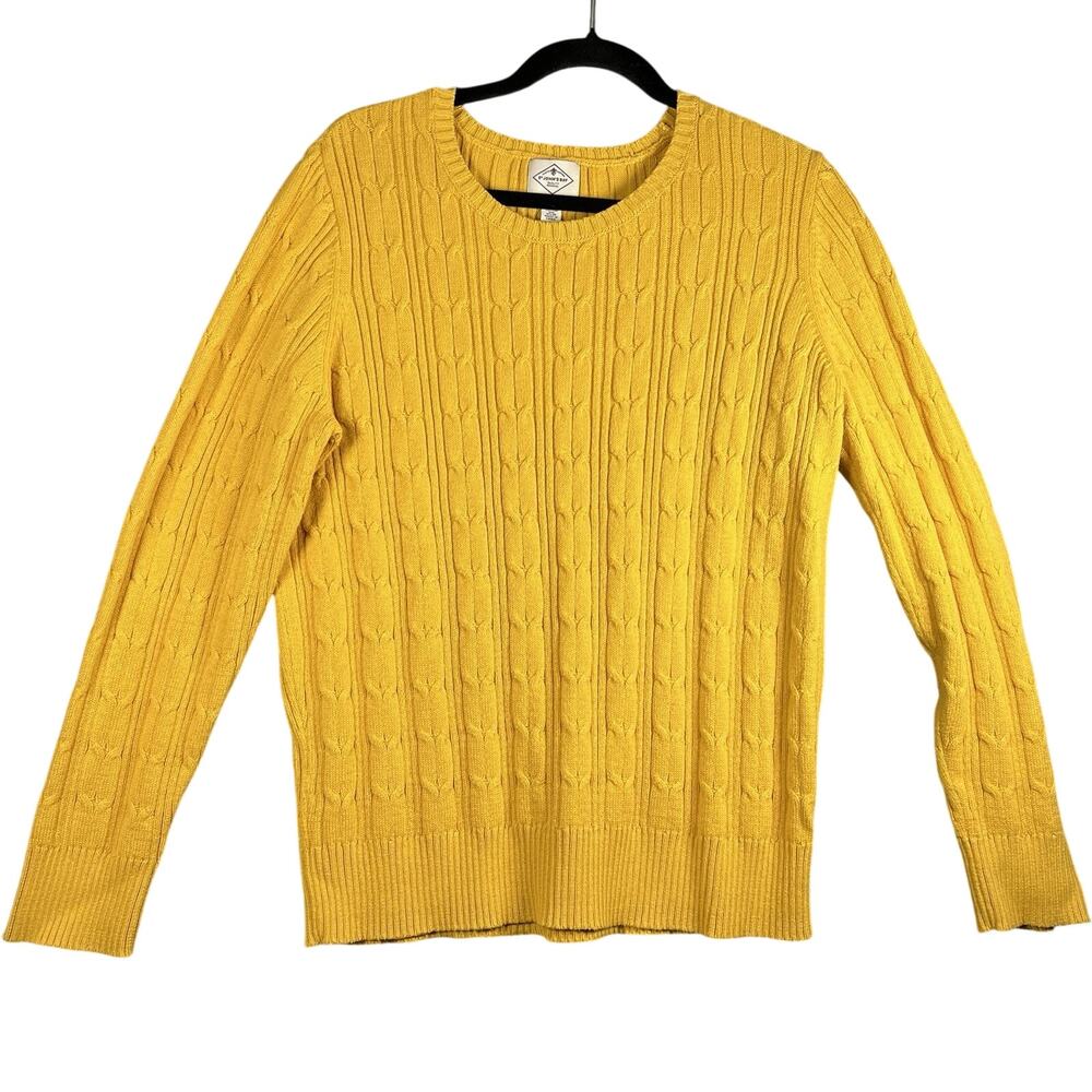 St Johns Bay Yellow Cable Knit Sweater XL Cotton Crewneck Preppy Cozy Top